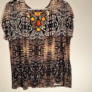 Ruby Rd Black Brown Patterned Blouse Colorful Stones